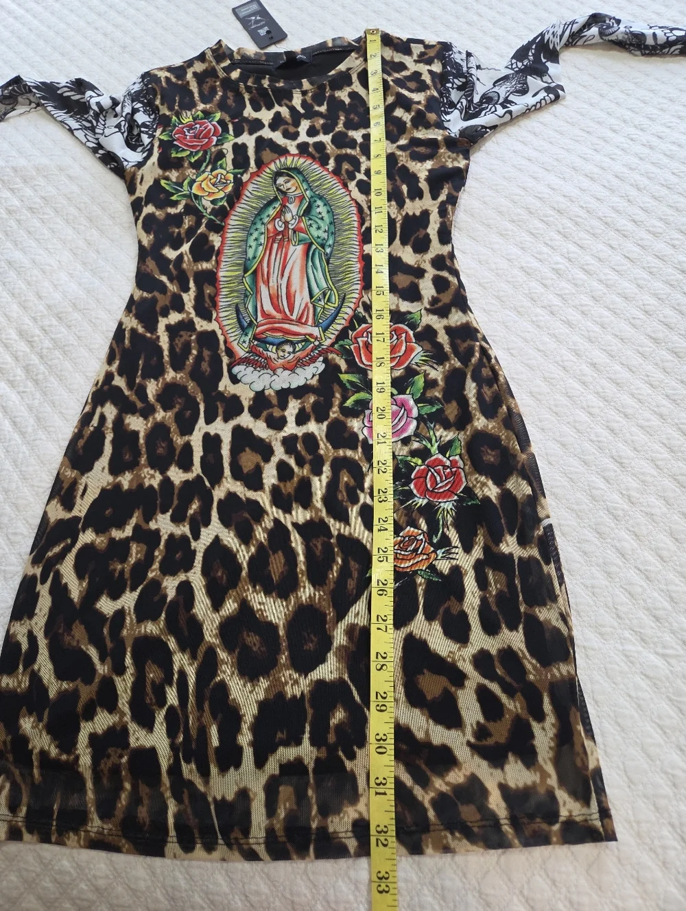 Ed Hardy Dolls Kill Sz Small Leopard Mesh Bodycon Mini Dress Virgin Mary Graphic - Picture 12 of 12